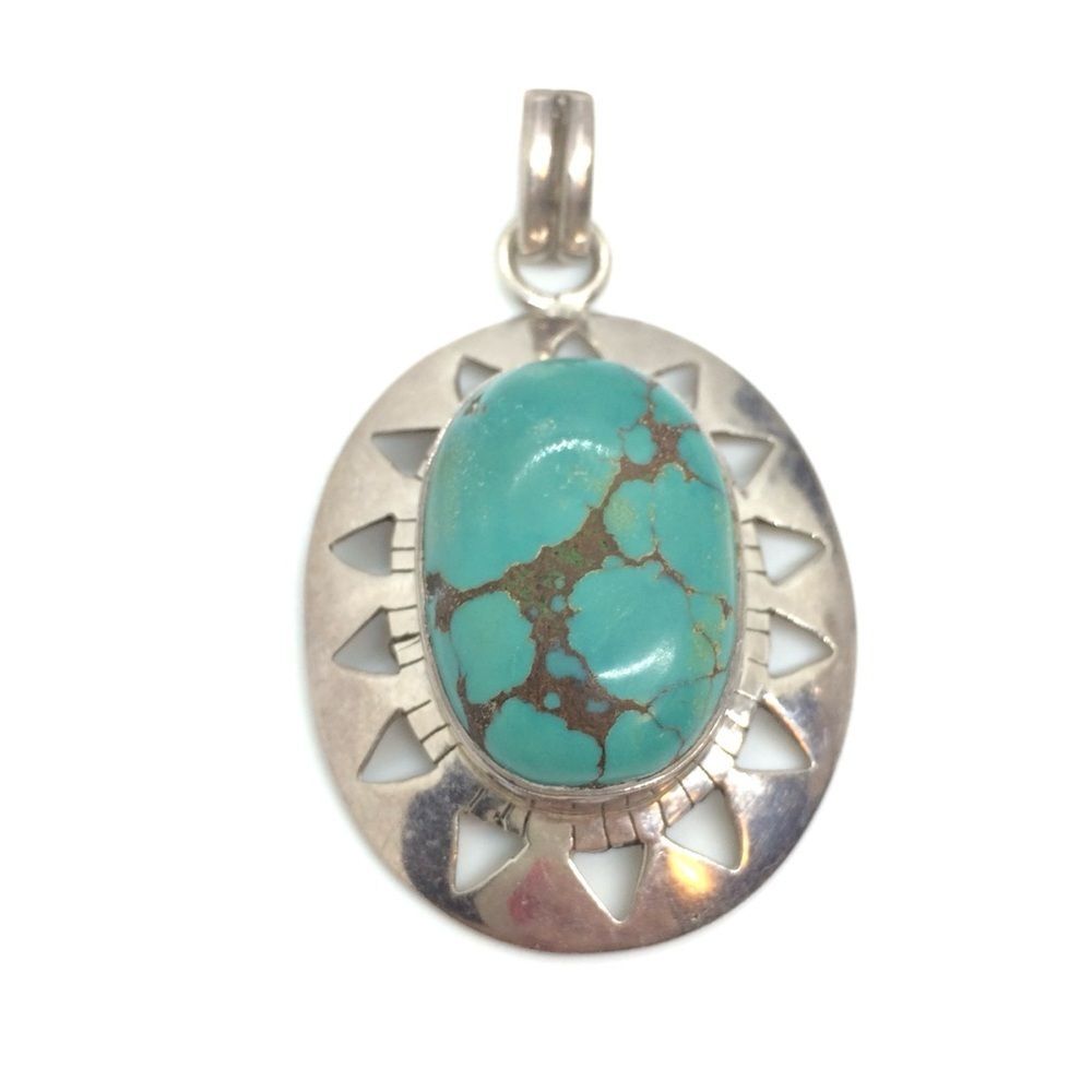 VINTAGE 925 TURQUOISE STERLING Silver Pendant Boho Southwestern Sunburst Design